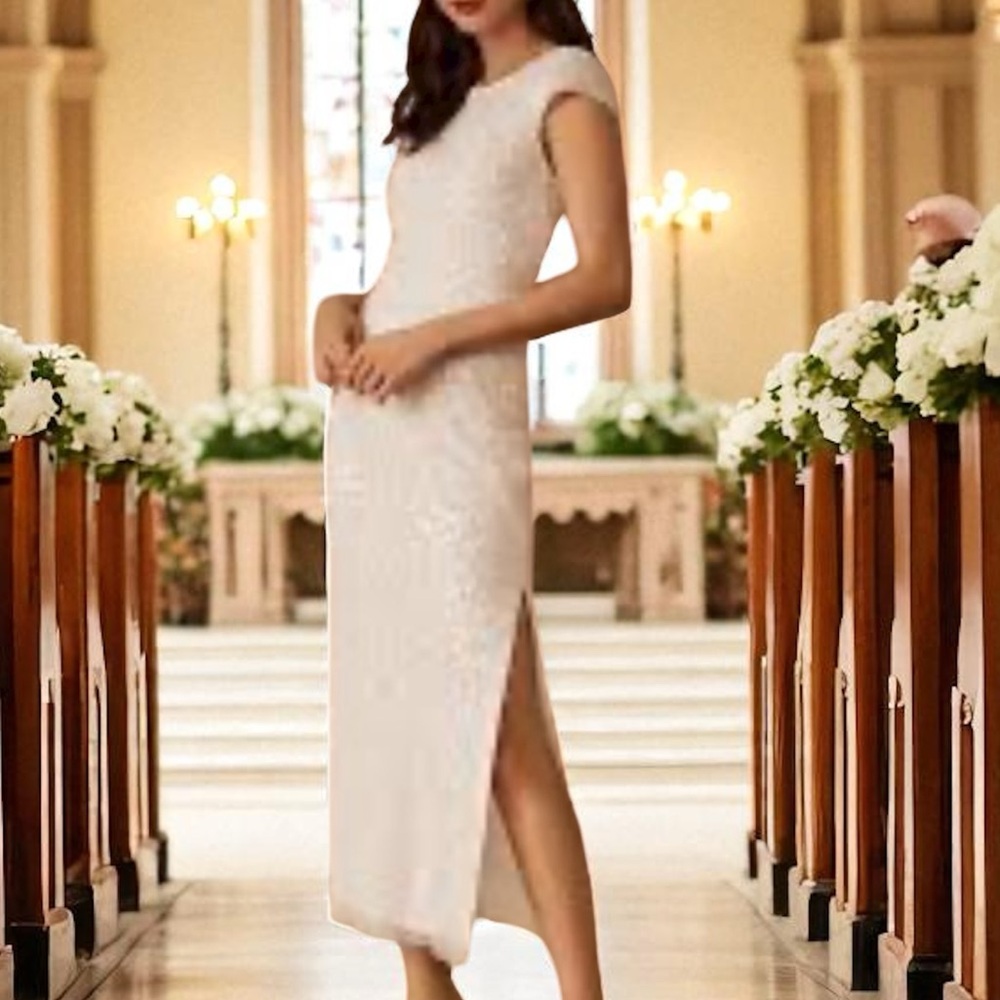 New BHLDN Dresden 6 / Sm White Allover Sequins Side Slit Midi Wedding Bridal